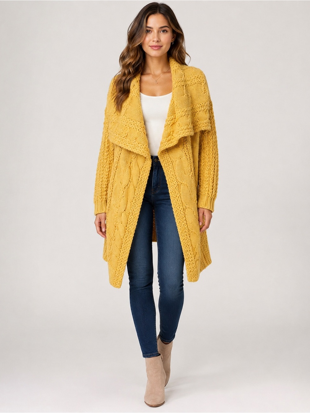Cozy Open-Front Cable Knit Cardigan Sweater - Mustard Size M